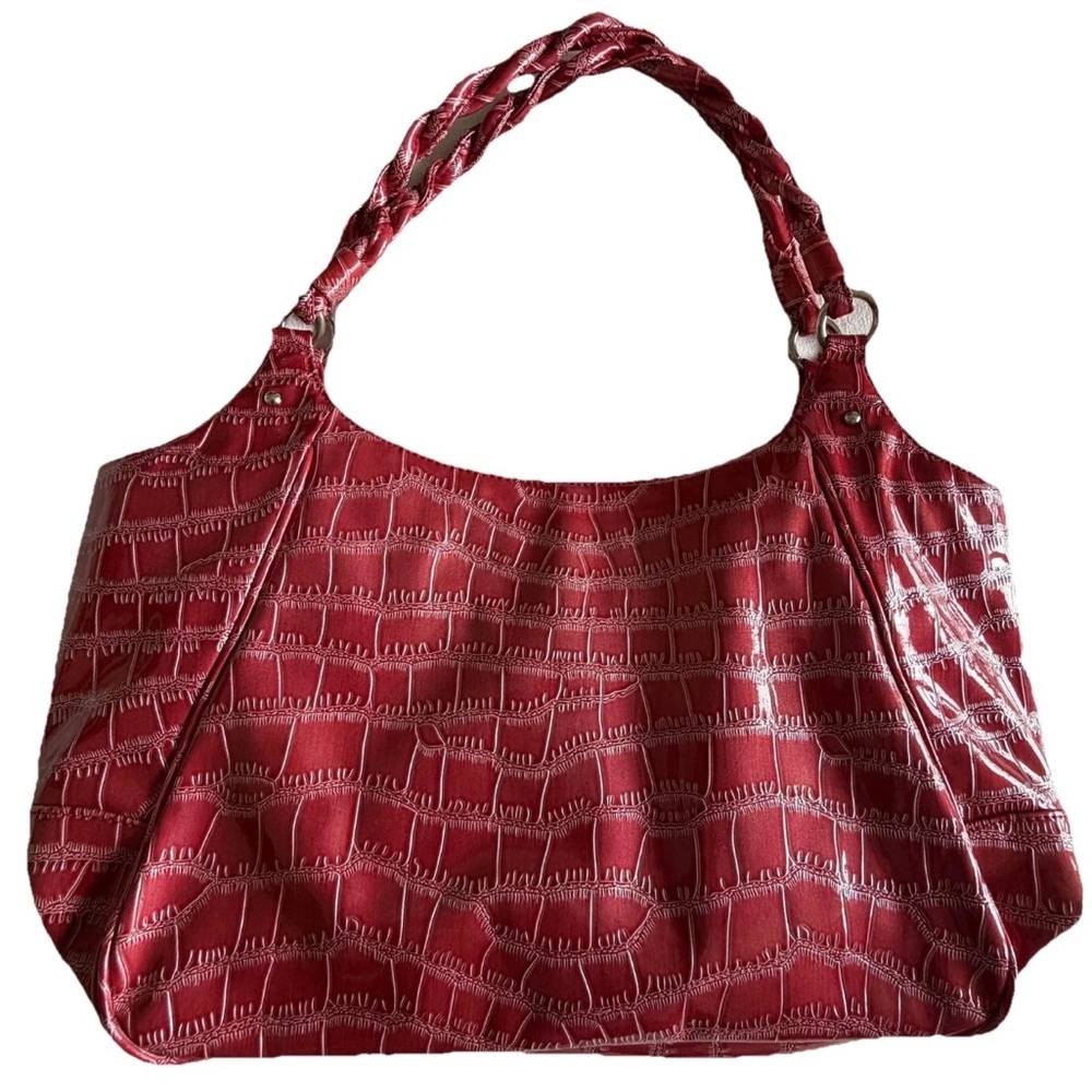 Sag Harbor Shoulder Bag Womens Large Red Faux Leather Crocodile Braided Zip - Picture 2 of 10